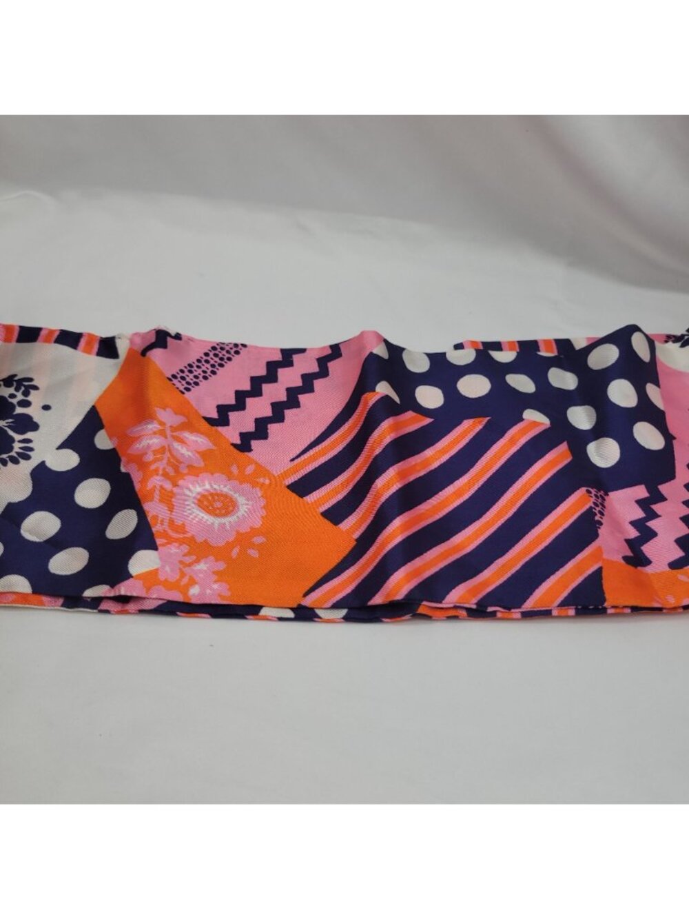 Vtg 60s Orange Purple Pink Patchwork Scarf Fringe Trim 64"x6" Groovy Retro Style - Picture 8 of 15